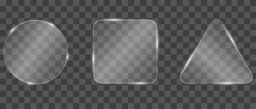 Set Of Glass Shapes. White Frosted Glass Effect With Circular, Rounded Square And Rounded Triangle Panels. Glassmorphism And Transparent Elements.