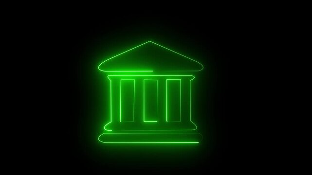 Neon glowing bank building icon animation Financial and dollar coin icon isolated bank icon animation on background.... 4k video.