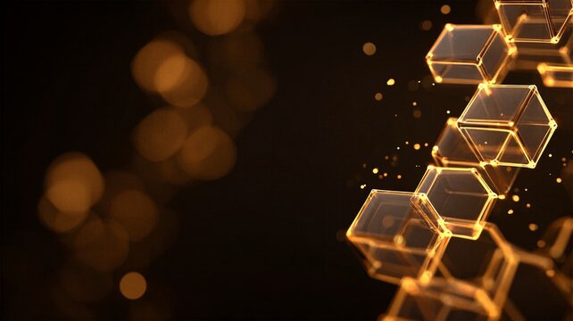 Golden wireframe glass cubes with bokeh light dots for premium blockchain and finance network backgrounds