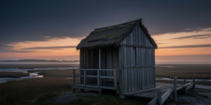A weathered wooden hut stands on a raised platform in rural wetlands at twilight, surrounded by reeds and water channels.