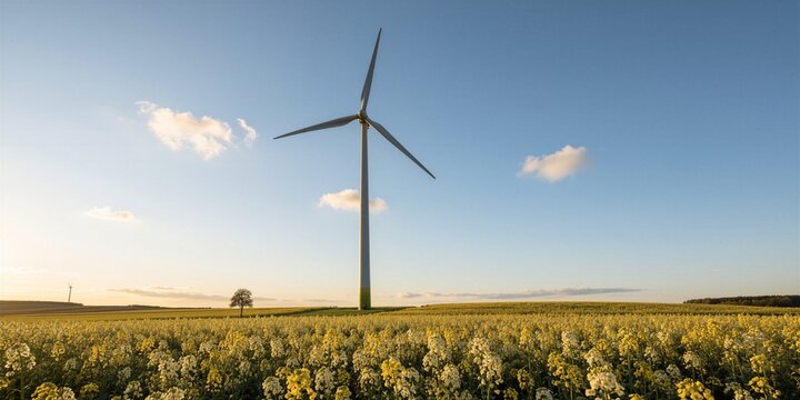 A single modern wind turbine stands serene amidst a vibrant rapeseed field at golden hour.