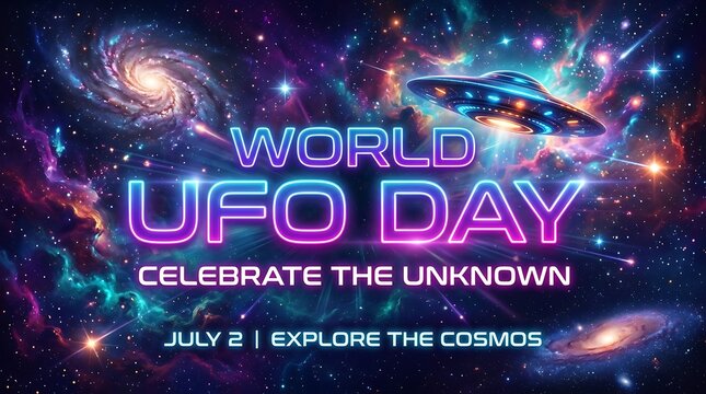 Vibrant world ufo day celebration poster with cosmic galaxy and flying saucer design