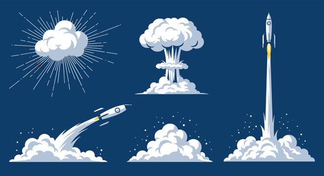 Set of illustrations showing various stages of a rocket launch with rising smoke clouds and a powerful explosion scene.