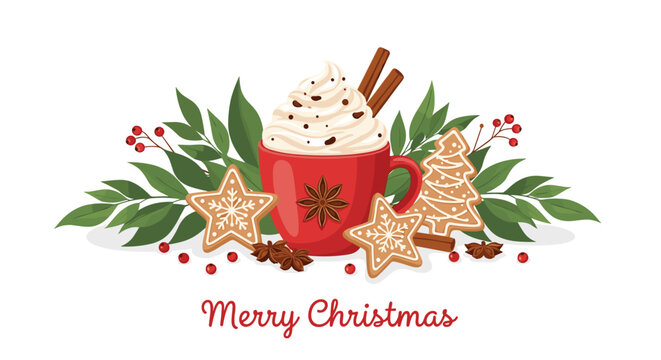 Festive Christmas still life with a red mug of hot chocolate topped with whipped cream and gingerbread cookies.