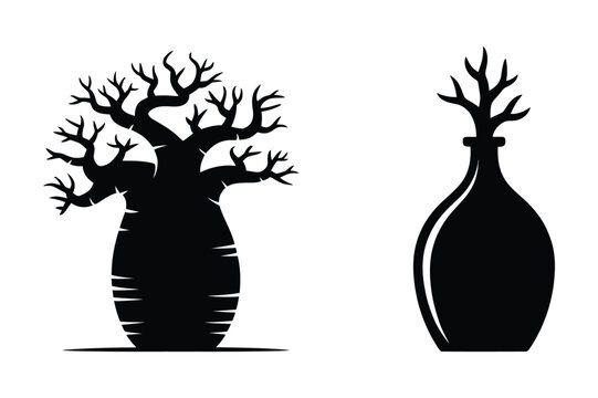 Black silhouette icons of a baobab tree and a bottle shaped vase with silhouette