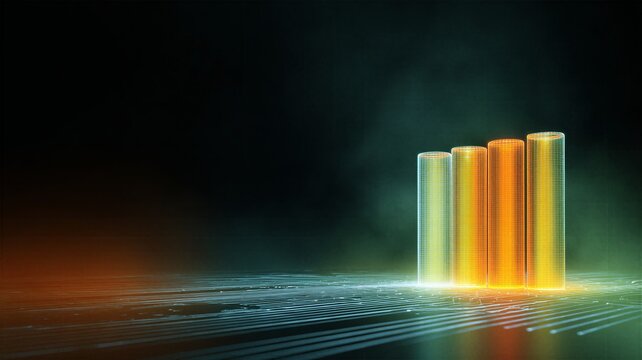 Glowing digital cylinder bar graph on circuit board floor for business finance and data analytics
