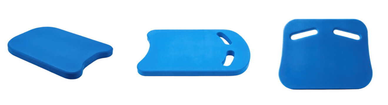 A Set of blue swimming kickboards and pool training float pads in different shapes, essential water exercise equipment for kids and adult learners PNG
