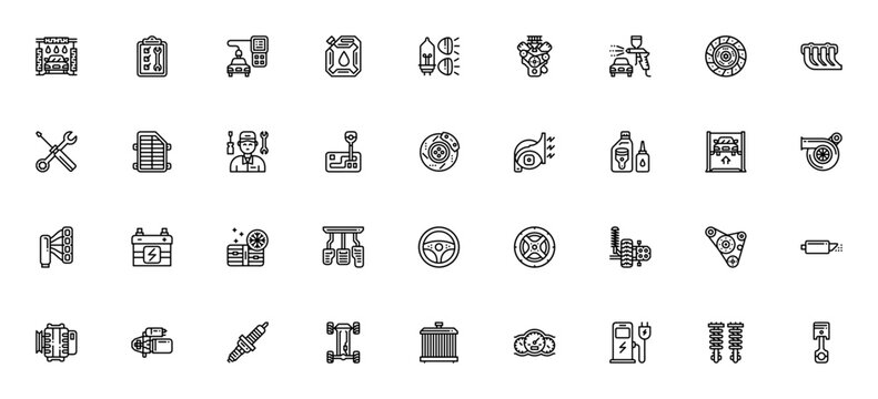Car part and service icon set. Minimal line vector icons pack. Includes symbols for car wash, engine, battery, steering wheel, brake, clutch, suspension, alternator, starter, spark plug, diagnostic to