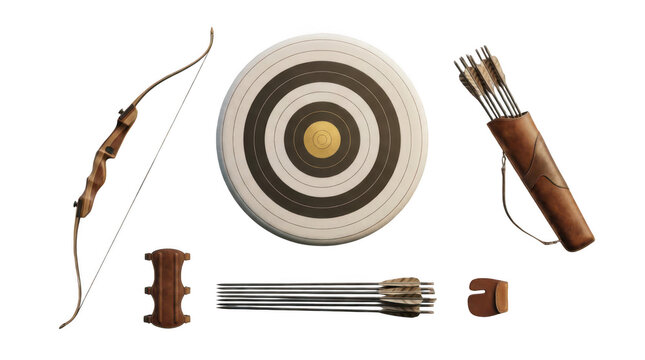 Archery equipment set including wooden recurve bow arrows quiver target armguard and finger tab ready for practice and sport transparent background