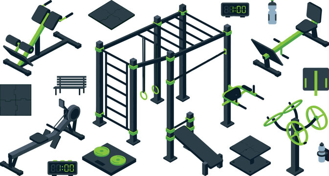 Isometric Outdoor Gym Equipment Vector Set with Calisthenics Monkey Bars Rowing Machine Sit Up Bench Digital Timers and Fitness Stations