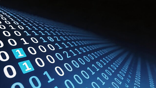 Abstract digital background featuring flowing binary code numbers zero and one in blue tones representing big data, cybersecurity, encryption, software programming, and computer