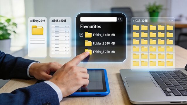 User managing files and folders on holographic interface, cloud storage and data organization concept for digital workspace and file sharing system.