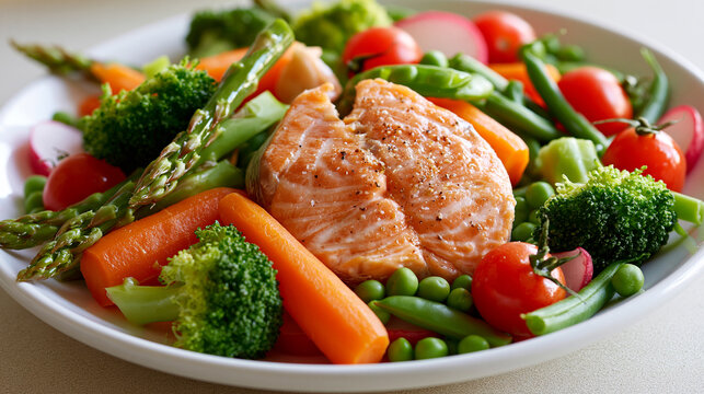 Cooked Salmon Fillet on Vegetable Salad with Broccoli Carrots and Tomatoes