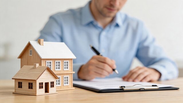 Man signing property contract with model houses on desk, real estate agent or buyer finalizing home purchase agreement, mortgage loan documentation process in office setting for
