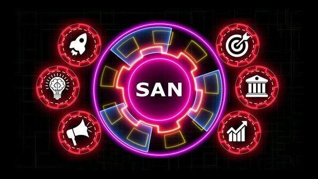 San crypto neon glowing digital coin logo motion background video animation.