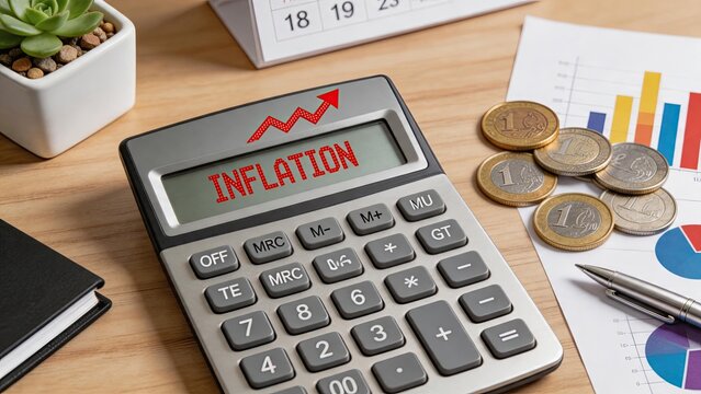 Calculator displaying inflation text with rising arrow, economic crisis concept, financial planning tools on wooden desk, coins and charts background, cost of living increase