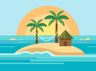 Obraz premium Flat Illustration of Tropical Paradise Island with Palm Trees Hammock and Beach Hut at Sunset for Summer Vacation Background