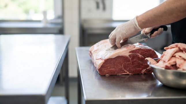 Skilled butcher carefully slicing and preparing a large cut of raw beef on a clean stainless steel counter in a professional kitchen setting