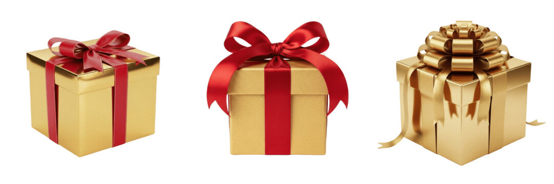 Set of Three Golden Gift Boxes with Red and Gold Ribbons, Elegant Festive Present PNG Illustrations Isolated on White Background for Christmas, Birthdays, Holidays, Special Occasions, and E-commerce P
