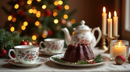 Fototapeta premium Christmas tea party with chocolate cake and hot tea on a table with warm glowing candle lights