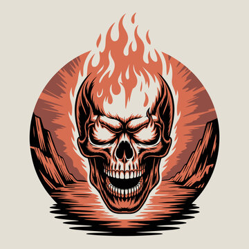 Flaming Skull Illustration with Open Mouth.
