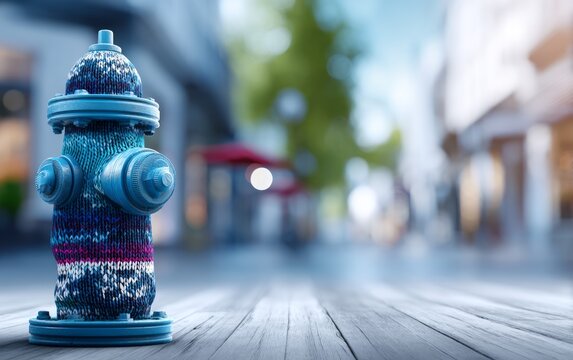 Cozy Blue Sock Christmas Tree Ornaments on Fire Hydrant in Urban Setting
