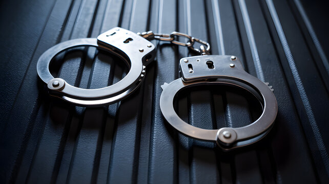 A pair of metal handcuffs resting on a dark textured surface