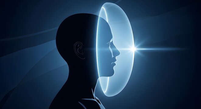 Silhouette of a human head with a futuristic digital interface, glowing blue light, technology concept