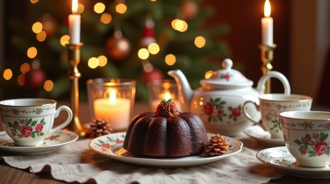Traditional christmas pudding served on a table with tea cups candles and a blurred festive tree