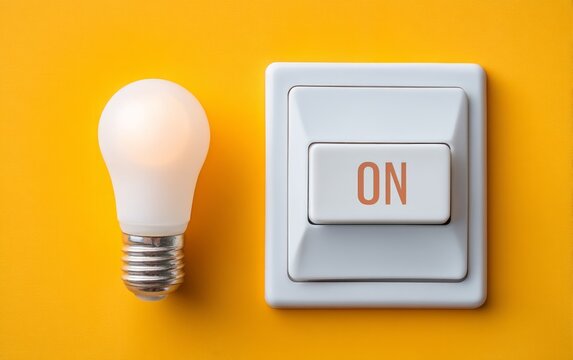 Modern light bulb and switch on yellow background for energy or power concept