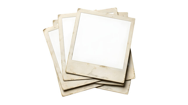 Stack of vintage blank polaroid photo frames isolated on transparent background
