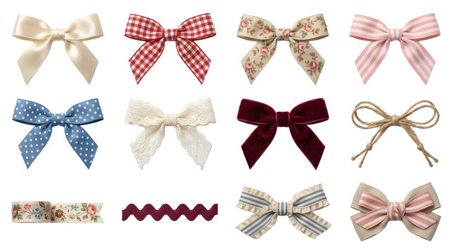 Collection of various decorative bows and ribbons isolated on transparent background