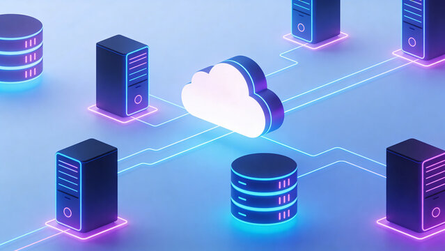 Cloud computing network architecture with server towers and data storage