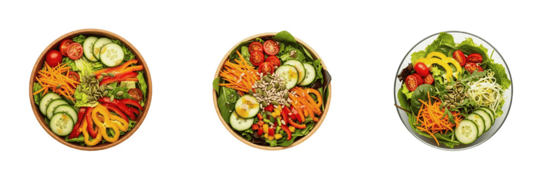 Fresh Vegetable Salad Bowl Set PNG, Healthy Organic Garden Salad Transparent Illustration, Vegan Green Diet Food Graphic Collection, Isolated Summer Dinner Clipart, Gourmet Cucumber Tomato Lettuce 3D 