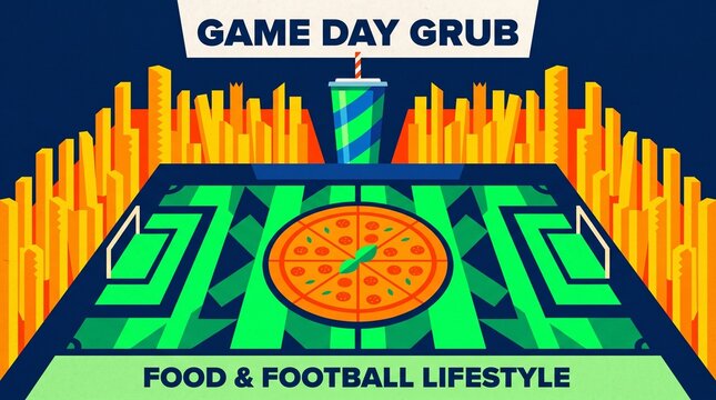 Creative illustration of football field stadium made of pizza and french fries for game day grub and sports food lifestyle celebration