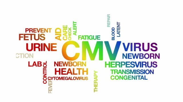 Cytomegalovirus CMV  concept Animated Tag Word Cloud kinetic typography, Text Design Animation typography seamless loop video motion graphics Intro Wordart arrangement rainbow type on white background