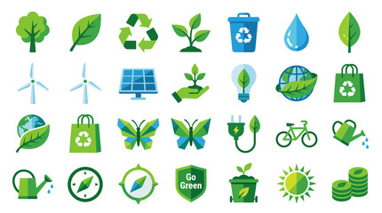 Environment icons illustrate sustainable living, renewable energy, and ecological concepts for modern design. © labubu