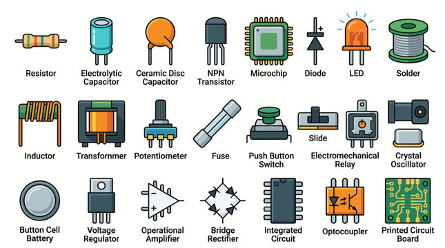 Electronic components collection showcases various hardware parts including resistors, capacitors, microchips, and diodes essential for building complex electrical circuits and devices.
