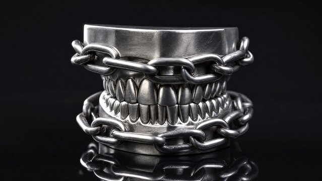 constrained. Metal dental model wrapped in heavy chains, symbolic representation of constrained movement on dark background. wellbeing guides.