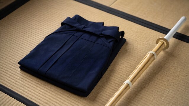 hakama. A neatly folded deep blue hakama and bamboo sword on tatami mat flooring. event programs, museum guides, designed for cultural heritage projects and event programs, supports education.