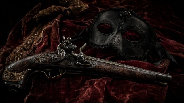 flintlock. Antique flintlock pistol and black mask arranged on faded velvet fabric, historical still life. event programs, museum guides, designed for cultural heritage projects and event programs.