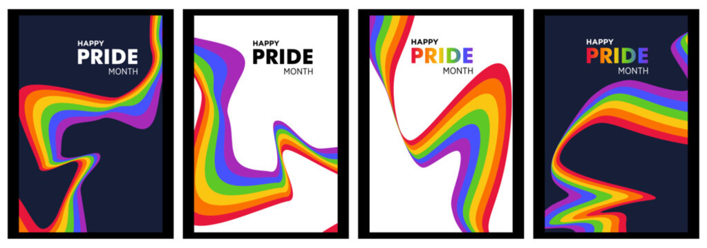 PRIDE month banner parades text isolated poster set, Rainbow or Pride Flag. Pride Rainbow Flag Wave Design Element, Celebrates pride ribbon roll make inclusive progress pride, Vector illustration