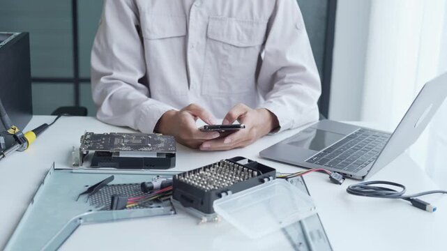 Computer engineer using smartphone search computer hardware information