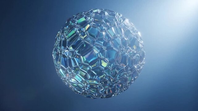 Abstract crystalline blue sphere with geometric facets glowing in a dark space.