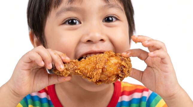 Adorable child joyfully devours a crispy fried chicken drumstick, expressing pure happiness and youthful delight