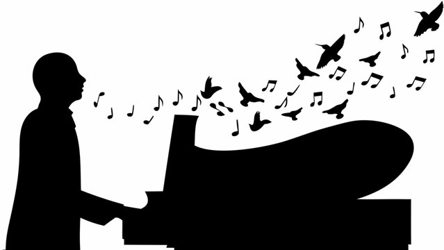 Silhouette of a pianist playing grand piano with flowing musical notes and birds emerging from the instrument symbolizing harmony creativity and musical freedom in a minimalist
