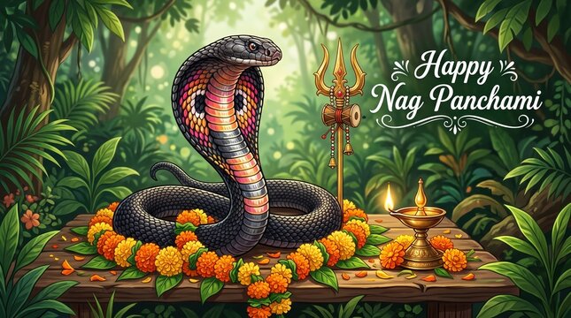 Happy Naag Panchami Illustration with Cobra and Traditional Indian Design