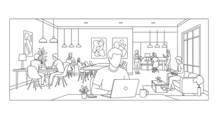 Obraz premium Modern Co-working Space with Diverse People Working on Laptops and Collaborating