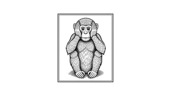 Monkey Covering Ears, See No Evil, Hear No Evil, Speak No Evil Concept, Vintage Illustration