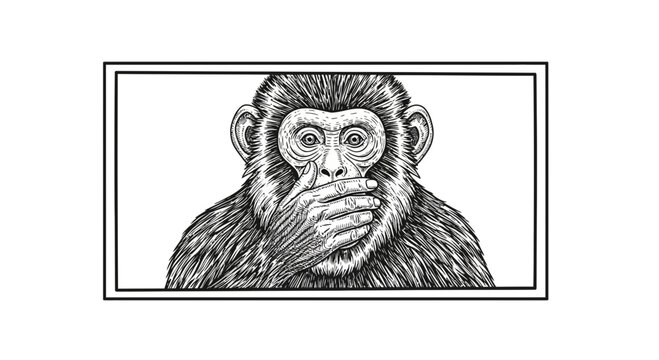 Monkey Covering Mouth, See No Evil Concept, Black and White Illustration